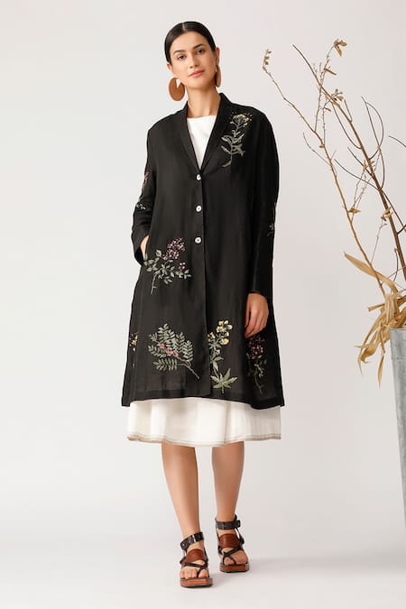 Payal Pratap Black Linen V Neck Embroidered Jacket