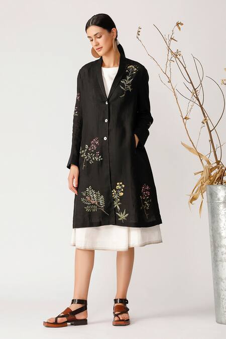 Buy_Payal Pratap_Black Linen V Neck Embroidered Jacket  _Online_at_Aza_Fashions