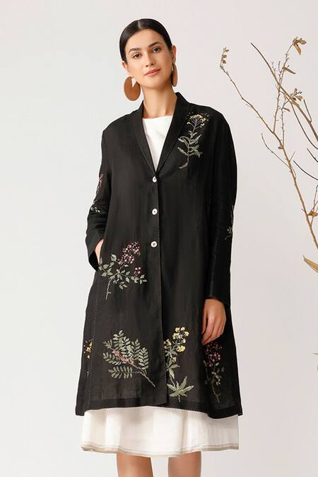 Shop_Payal Pratap_Black Linen V Neck Embroidered Jacket  _Online_at_Aza_Fashions