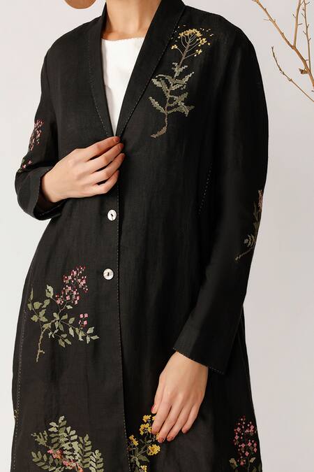 Payal Pratap_Black Linen V Neck Embroidered Jacket  _at_Aza_Fashions