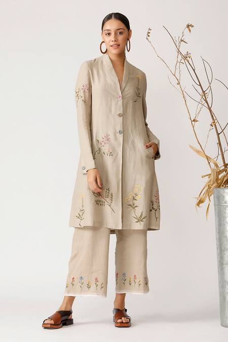 Payal Pratap Beige Linen V Neck Embroidered Jacket
