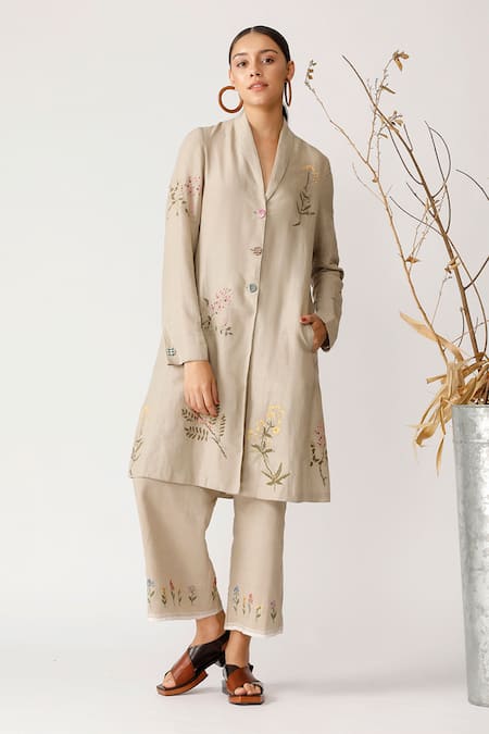 Payal Pratap Beige Linen V Neck Embroidered Jacket Online at Aza Fashions Payal Pratap_Beige Linen V Neck Embroidered Jacket _Online_at_Aza_Fashions