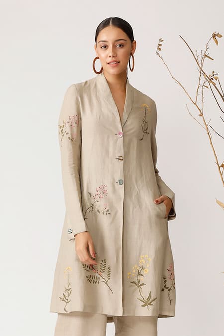 Shop Payal Pratap Beige Linen V Neck Embroidered Jacket Online at Aza Fashions Shop_Payal Pratap_Beige Linen V Neck Embroidered Jacket _Online_at_Aza_Fashions