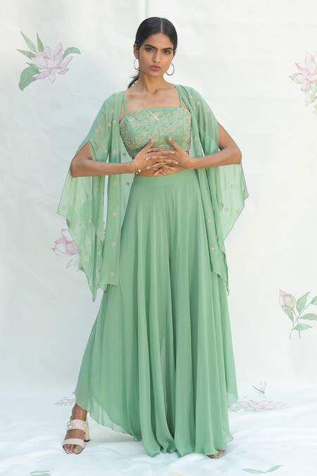 Buy_Taavare_Green Georgette Bustier Square, Jacket Open Embroidered And Palazzo Set_Online_at_Aza_Fashions