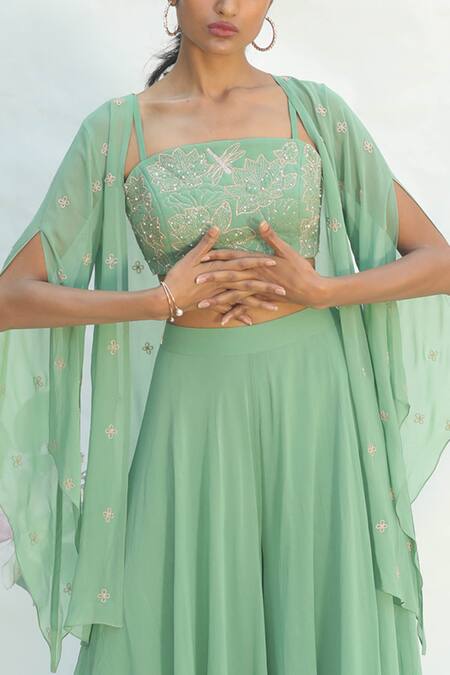 Shop_Taavare_Green Georgette Bustier Square, Jacket Open Embroidered And Palazzo Set_Online_at_Aza_Fashions