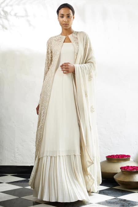 Nakul Sen_Off White Chiffon Round Embroidered Jacket Bridal Lehenga Set _Online_at_Aza_Fashions