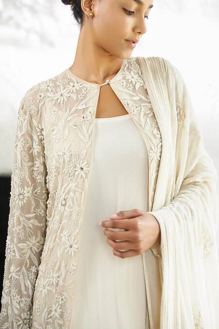 Shop_Nakul Sen_Off White Chiffon Round Embroidered Jacket Bridal Lehenga Set _Online_at_Aza_Fashions
