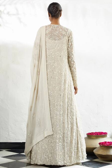 Shop_Nakul Sen_Off White Chiffon Round Embroidered Jacket Bridal Lehenga Set _at_Aza_Fashions