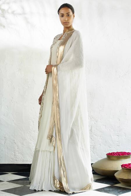Buy Nakul Sen Off White Chiffon Jacket Mandarin Collar Embroidered Sharara Set Online at Aza Fashions Buy_Nakul Sen_Off White Chiffon Jacket Mandarin Collar Embroidered Sharara Set _Online_at_Aza_Fashions