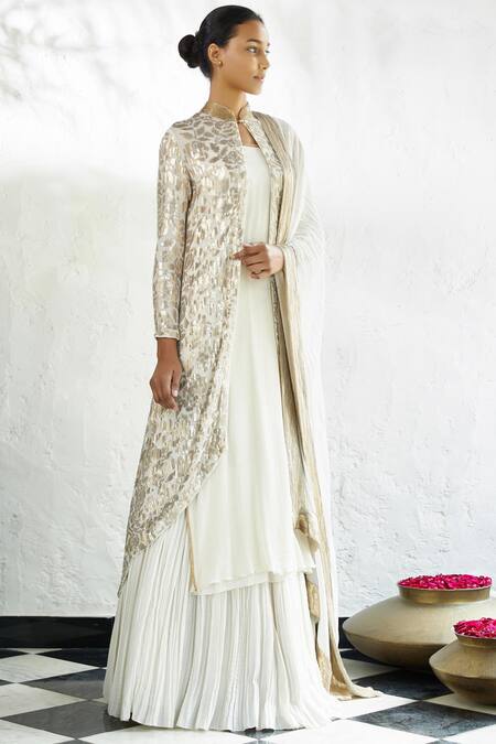 Nakul Sen Off White Chiffon Jacket Mandarin Collar Embroidered Sharara Set Online at Aza Fashions Nakul Sen_Off White Chiffon Jacket Mandarin Collar Embroidered Sharara Set _Online_at_Aza_Fashions