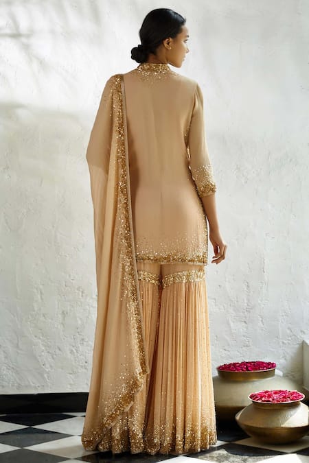 Shop Nakul Sen Peach Chiffon Stand Collar Embroidered Kurta Sharara Set at Aza Fashions Shop_Nakul Sen_Peach Chiffon Stand Collar Embroidered Kurta Sharara Set _at_Aza_Fashions