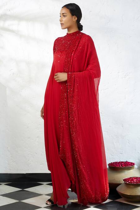 Nakul Sen_Red Chiffon Embellished Anarkali Set_Online_at_Aza_Fashions