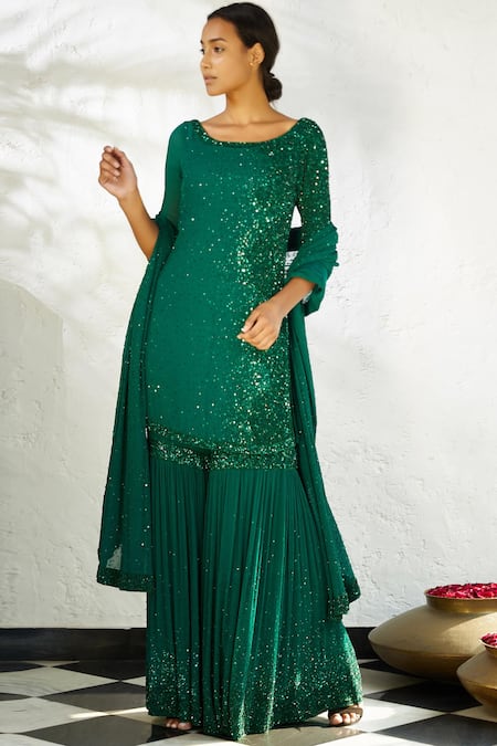 Nakul Sen Green Chiffon Round Embroidered Kurta Sharara Set  