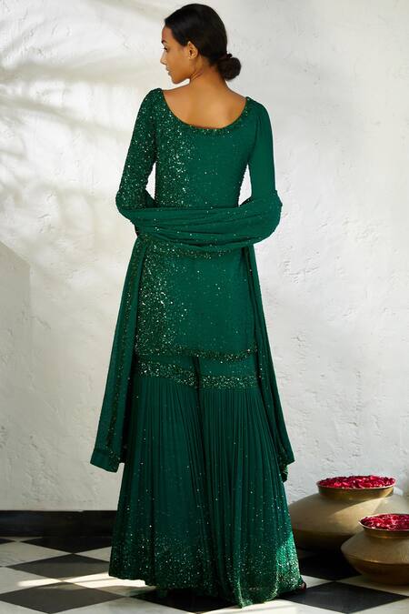 Shop_Nakul Sen_Green Chiffon Round Embroidered Kurta Sharara Set_at_Aza_Fashions