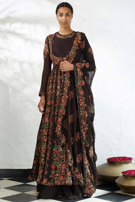 Nakul Sen Brown Chiffon Embroidered Kurta Lehenga Set