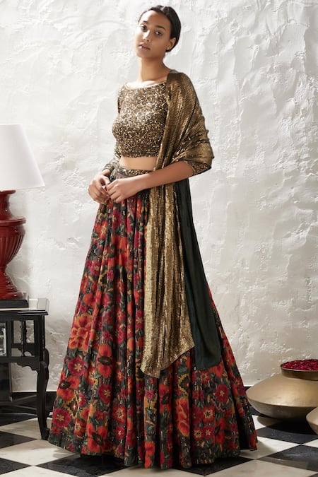 Nakul Sen Green Chiffon Floral Print, Sequins Work Boat Neck Motif Lehenga Set Online at Aza Fashions Nakul Sen_Green Chiffon Floral Print, Sequins Work Boat Neck Motif Lehenga Set _Online_at_Aza_Fashions