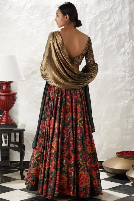 Shop Nakul Sen Green Chiffon Floral Print, Sequins Work Boat Neck Motif Lehenga Set at Aza Fashions Shop_Nakul Sen_Green Chiffon Floral Print, Sequins Work Boat Neck Motif Lehenga Set _at_Aza_Fashions