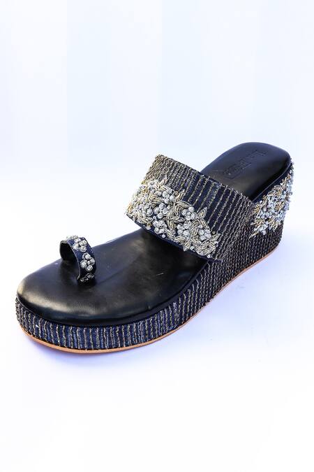 LA Fiza_Blue Embroidery Zaisha Strap Wedges_Online_at_Aza_Fashions