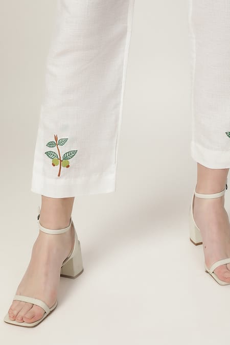 Buy_Musal_Green Cotton, Linen Embroidery Collared Jovie Top And Pant Set 