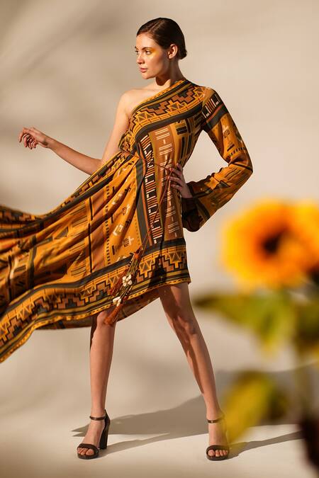 Nikita Mhaisalkar_Yellow Georgette Beads Asymmetric Aztec Print Dress _Online_at_Aza_Fashions