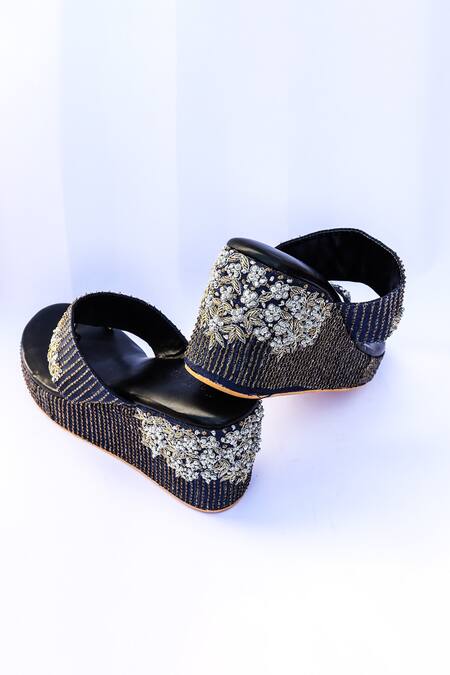 Buy_LA Fiza_Blue Embroidery Zaisha Strap Wedges_Online_at_Aza_Fashions