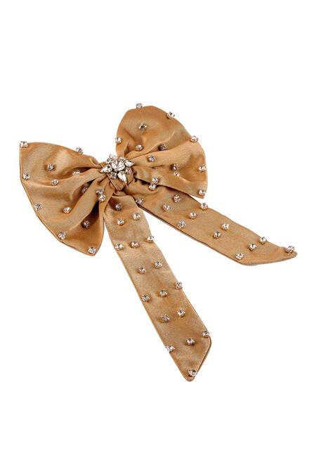 Buy_Hair Drama CO_Beige Crystals Embellished Hair Bow Alligator Clip_Online_at_Aza_Fashions