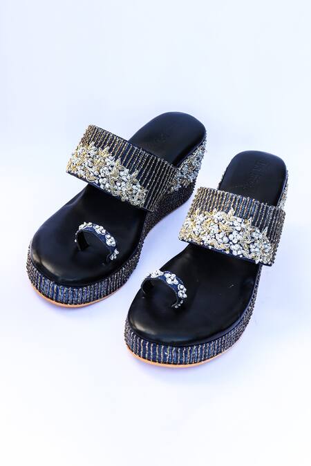Shop_LA Fiza_Blue Embroidery Zaisha Strap Wedges_Online_at_Aza_Fashions