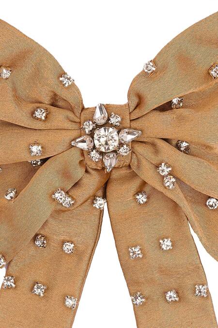 Hair Drama CO_Beige Crystals Embellished Hair Bow Alligator Clip_at_Aza_Fashions