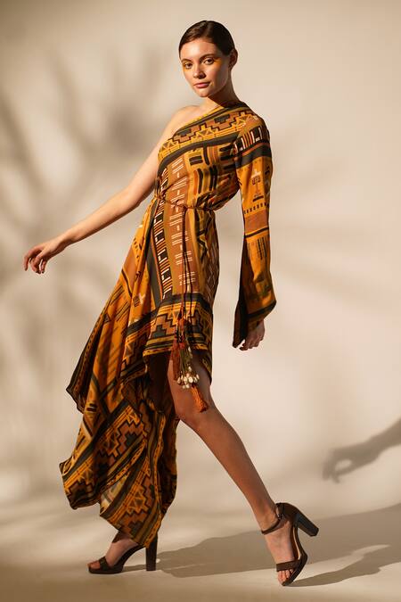 Shop_Nikita Mhaisalkar_Yellow Georgette Beads Asymmetric Aztec Print Dress _Online_at_Aza_Fashions
