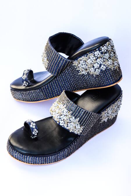 LA Fiza_Blue Embroidery Zaisha Strap Wedges_at_Aza_Fashions