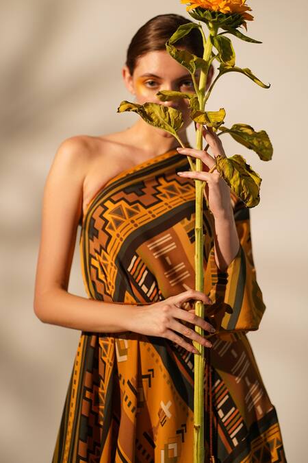 Nikita Mhaisalkar_Yellow Georgette Beads Asymmetric Aztec Print Dress _at_Aza_Fashions