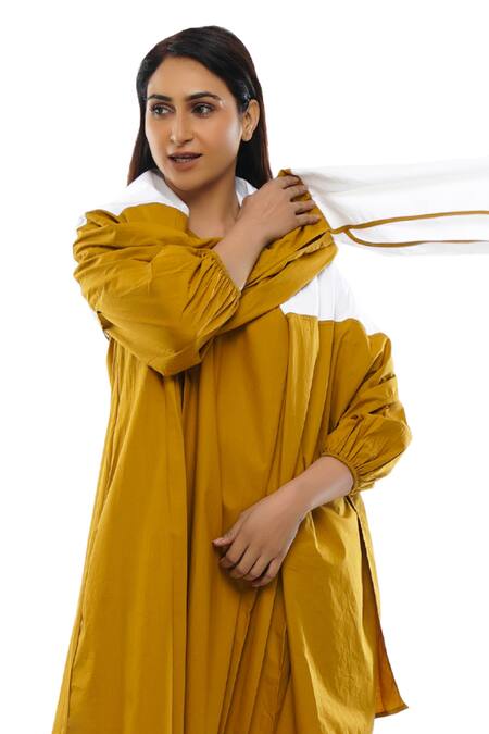 Shop_Khat_Yellow Poplin V-neck Pleated Cotton Dress Pant Co-ord Set _Online_at_Aza_Fashions