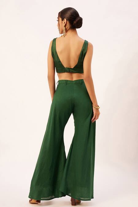 Zariya The Label_Pink Muslin Round Neck Asymmetric Sheer Cape Flared Pant Set _at_Aza_Fashions