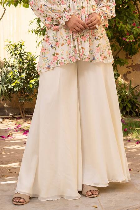 Suruchi Parakh White Georgette, Crepe Square Neck Botanical Print Top And Flared Pant Set Online at Aza Fashions Suruchi Parakh_White Georgette, Crepe Square Neck Botanical Print Top And Flared Pant Set _Online_at_Aza_Fashions