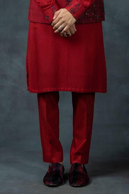 Sarab Khanijou Red Silk Embroidery Floral Placement Work Waist Coat And Kurta Set Online at Aza Fashions Sarab Khanijou_Red Silk Embroidery Floral Placement Work Waist Coat And Kurta Set _Online_at_Aza_Fashions