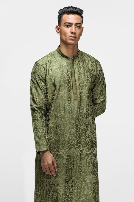 Asuka_Green Chanderi Silk Embroidery Botanical Kurta Set _Online_at_Aza_Fashions