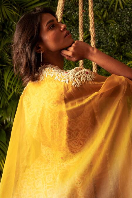 Shop Pallavi Poddar Yellow Crepe, Organza, Muslin Udaipur Ombre Open Front Cape And Draped Pant Set Online at Aza Fashions Shop_Pallavi Poddar_Yellow Crepe, Organza, Muslin Udaipur Ombre Open Front Cape And Draped Pant Set _Online_at_Aza_Fashions