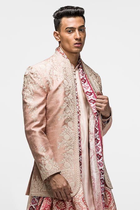 Asuka_Pink Silk Embroidery Floral Bandhgala Set _Online_at_Aza_Fashions