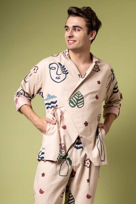 Doodlage Beige Twill Abstract Print Wrap Shacket at Aza Fashions Doodlage_Beige Twill Abstract Print Wrap Shacket_at_Aza_Fashions