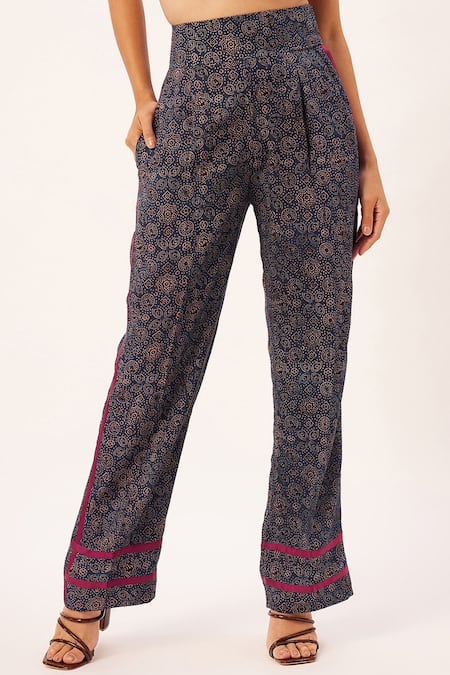 Buy_Zariya The Label_Blue Modal Tassels Shawl Neck Ajrakh Print Shirt And Pant Set 