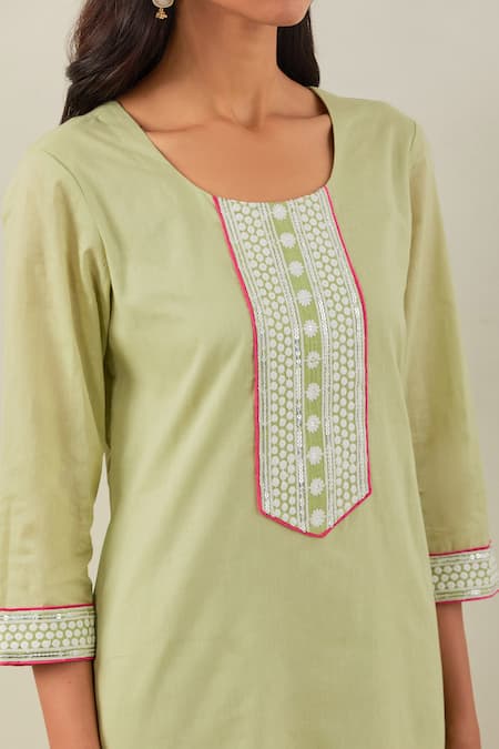 The Indian Cause_Peach Cotton Embroidery Round Neck Rozana Kurta And Palazzo Set_at_Aza_Fashions