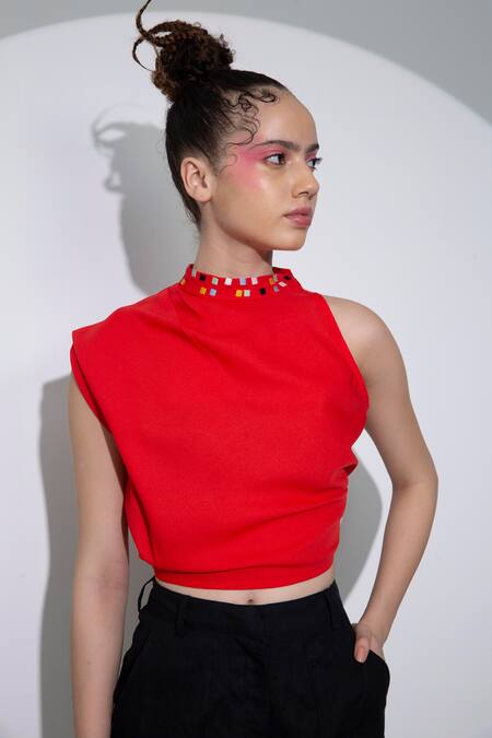 Pocketful Of Cherrie Red Crepe Embroidery High Neck Thread Top Online at Aza Fashions Pocketful Of Cherrie_Red Crepe Embroidery High Neck Thread Top_Online_at_Aza_Fashions