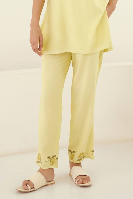 Cotton And Clay Yellow Chanderi, Modal Embroidery Round Hand Block Print Kimono Top Trouser Set Online at Aza Fashions Cotton And Clay_Yellow Chanderi, Modal Embroidery Round Hand Block Print Kimono Top Trouser Set _Online_at_Aza_Fashions