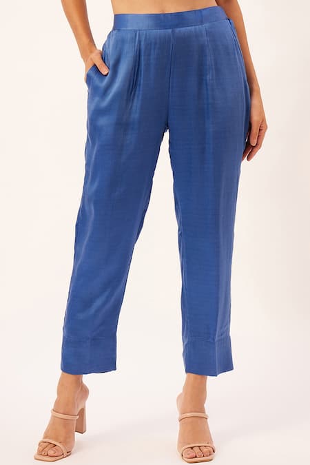 Zariya The Label Blue Modal, Cotton, Satin Tassels Shawl Neck Asymmetric Hem Kurta With Pant at Aza Fashions Zariya The Label_Blue Modal, Cotton, Satin Tassels Shawl Neck Asymmetric Hem Kurta With Pant _at_Aza_Fashions