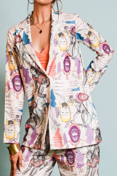 The Dramebaaz CO Ivory Muslin, Silk Collared Japanese Macaques Print Jacket With Pant Online at Aza Fashions The Dramebaaz CO_Ivory Muslin, Silk Collared Japanese Macaques Print Jacket With Pant _Online_at_Aza_Fashions