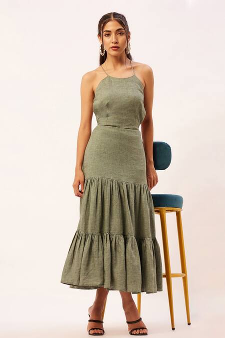 Zariya The Label_Green Cotton Halter Neck Woven Textured Tiered Dress _at_Aza_Fashions