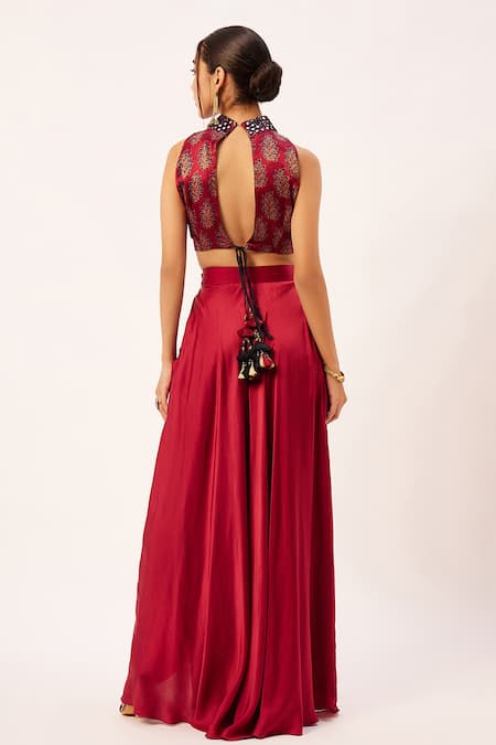 Zariya The Label_Blue Maheshwari, Modal Mirrors High Neck Mashru Silk Printed Blouse Skirt Set _at_Aza_Fashions