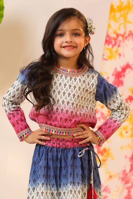 Cute Couture Pink Cotton Lace, Tassels Leaf Print Top And Asymmetric Skirt Set Online at Aza Fashions Cute Couture_Pink Cotton Lace, Tassels Leaf Print Top And Asymmetric Skirt Set _Online_at_Aza_Fashions