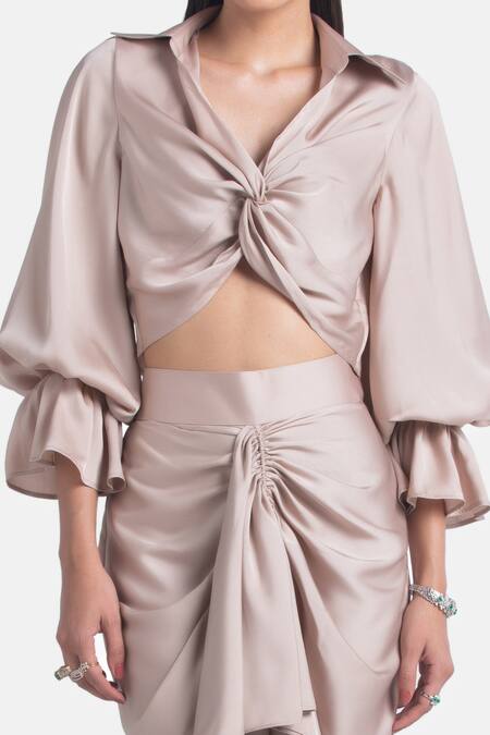 431-88 By Shweta Kapur Beige Satin Shawl Neck Sharyn Twisted Top Online at Aza Fashions 431-88 By Shweta Kapur_Beige Satin Shawl Neck Sharyn Twisted Top_Online_at_Aza_Fashions