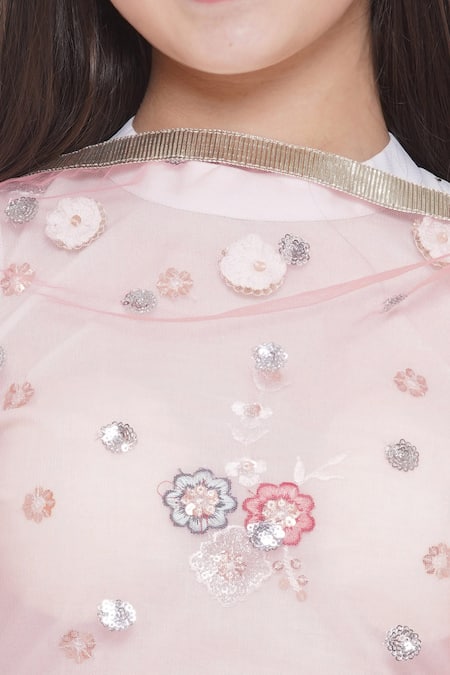 Buy_Little Bansi_White Net, Cotton Sequins, Embroidery Floral Bouquet Lehenga Set 